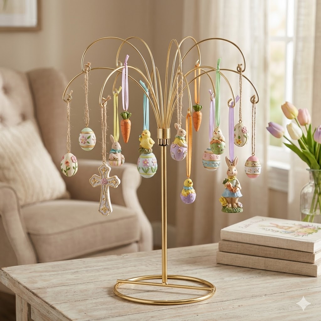 HOHIYA 2-Piece Ornament Display Stand 13.5 Inch Gold Heavy Duty Wire Hanging Holder Max Load 1.5 lbs for Glass Baubles and Easter Eggs Sturdy Metal Display Stand